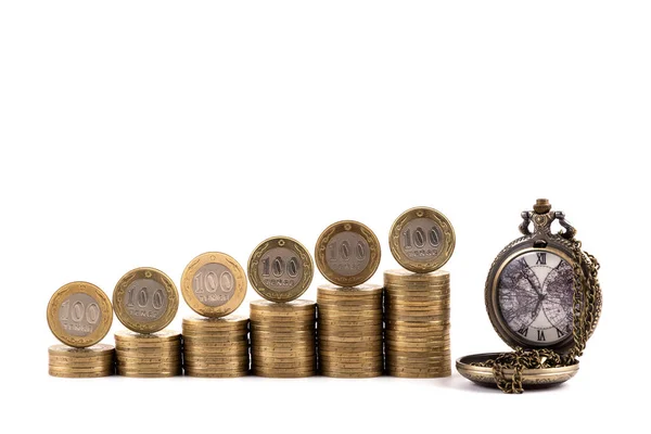 Symbolische Handlung Zum Thema Zeit Geld Mit Münzen Wert Von — Stockfoto