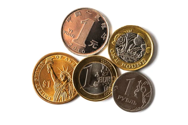 Coins Denominations Dollar Chinese Yuan Russian Ruble Euro British Pound — Stock Photo, Image