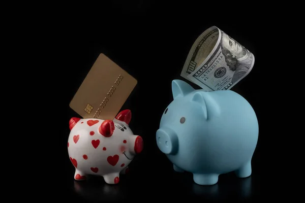 Two Piggy Banks Credit Card Bill 100 American Dollars Black — Stock Photo, Image