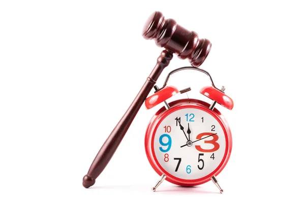 stock image Judge gavel and alarm clock on white background