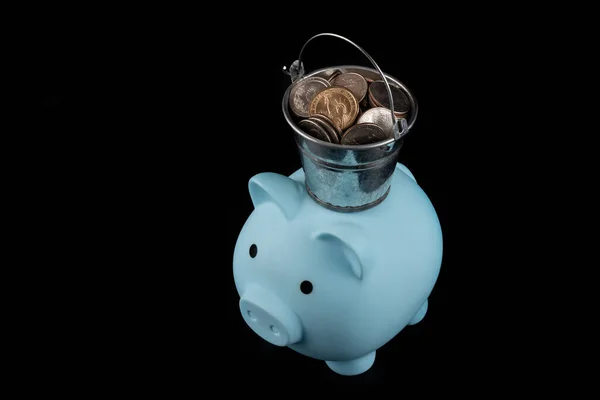 Miniature Bucket American Coins Piggy Bank Black Background — Stock Photo, Image