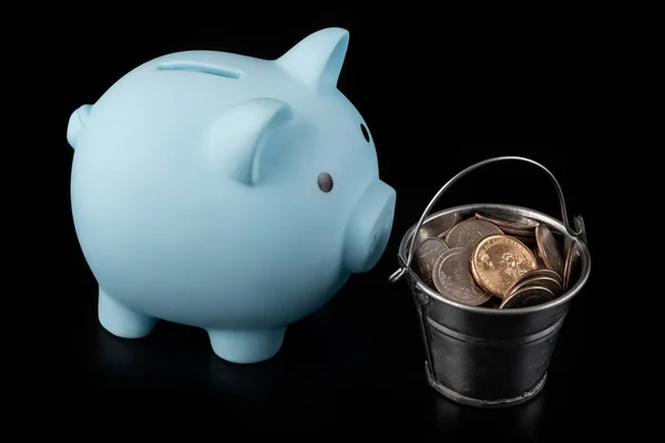 Miniature Bucket American Coins Piggy Bank Black Background — Stock Photo, Image