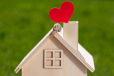 Bir salyangoz, güneşli bir günde minyatür bir evin çatısında çimlerin arkasında sürünür.