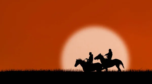 stock image Silhouettes of two riders against the backdrop of a spring sunset in the evening