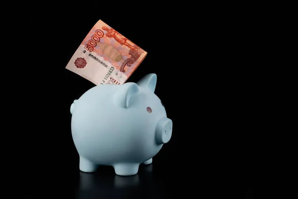Kék Malacpersely 5000 Orosz Rubelt Tartalmazó Bankjegy Fekete Alapon — Stock Fotó