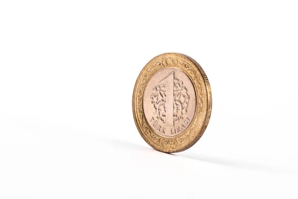 Monedă Denominație Liră Turcească Rostogolește Pantă Fundal Alb — Fotografie, imagine de stoc