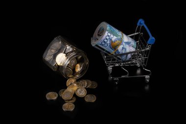 10,000 Kazakistan banknotunu ve içinde 100 ve 200 onluk madeni para olan cam bir kavanozu topladım.