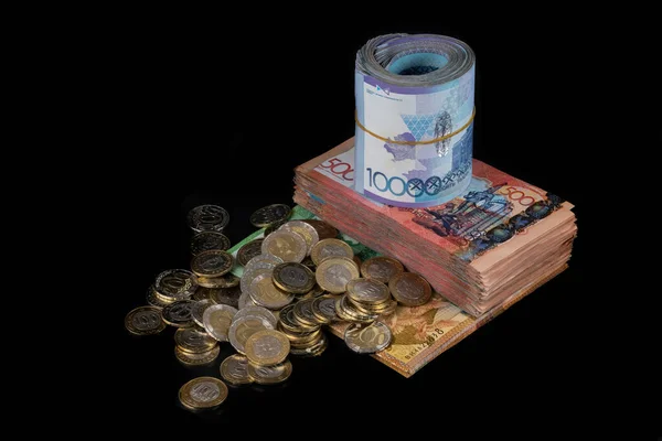 Parcela Conceptual Sobre Tenge Moneda Kazaja Con Montón Monedas Billetes —  Fotos de Stock