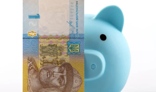 Banco Piggy Olha Atrás Uma Nota Denominações Hryvnia Ucraniana — Fotografia de Stock