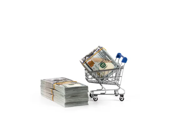 Billetes 100 Dólares Americanos Carrito Compras Miniatura Supermercado Sobre Fondo — Foto de Stock