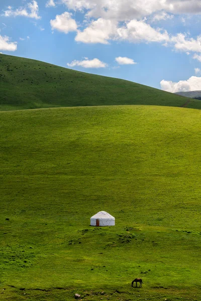 Traditional Solitary White Yurt Hillside Foothills Zailiyskiy Alatau Almaty Cloudy — Stock Photo, Image