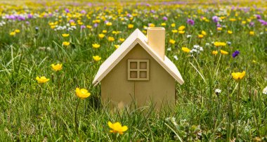 Sembolik ahşap ev, çayırdaki çiçeklerin arasında.