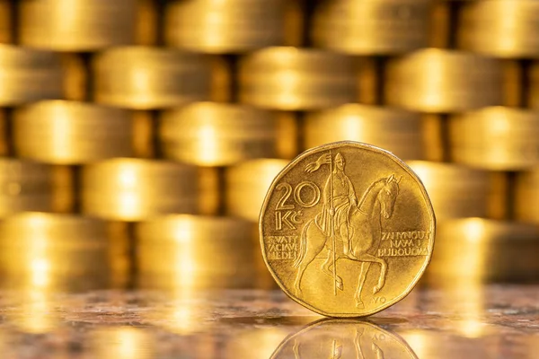 Coin Denomination Czech Crowns Background Wall Gold Coins — Stock Fotó