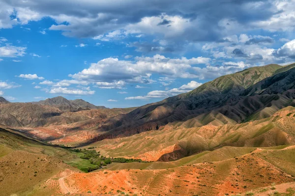 Kırmızı Kayalar Bulutlu Gökyüzü Ile Manzaralı Dağ Manzarası — Stok fotoğraf
