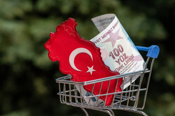 Mapa Simbólico Turquia Uma Nota 100 Liras Turcas Carrinho Compras — Fotografia de Stock