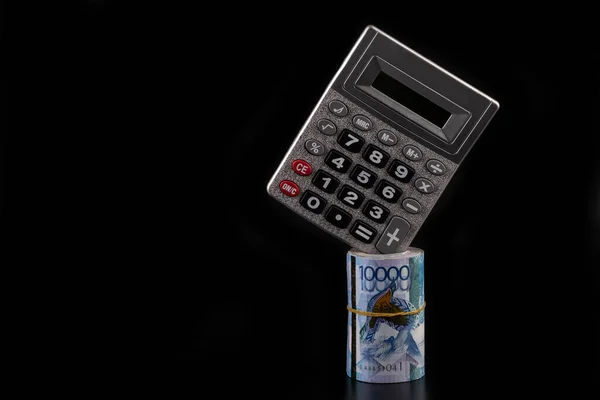 Calculator Banknotes Denominations 000 Kazakhstani Tenge Black Background — Stock Photo, Image