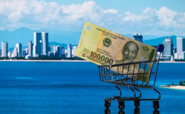 Arkasında Vietnam şehri Nha Trang 'in olduğu bir süpermarketten bir alışveriş arabasında 100,000 Vietnam dong banknotu.