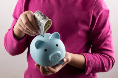 Domuz kumbarası ve 100 dolarlık banknot bir çocuğun elinde.