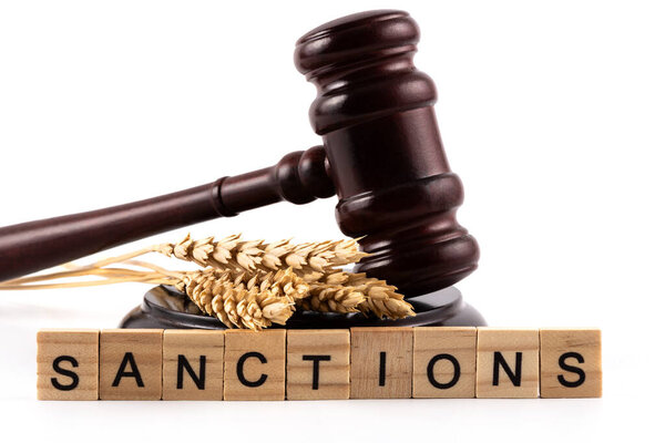 Judge's gavel, ears of wheat and the word "sanctions" on a white background
