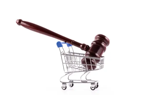 Judge Gavel Miniature Shopping Cart Supermarket White Background — Stock Photo, Image
