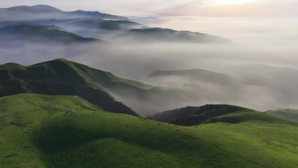 春の日の夕暮れに霧のある美しい丘の山の風景のクワッドコプターからの眺め — ストック動画