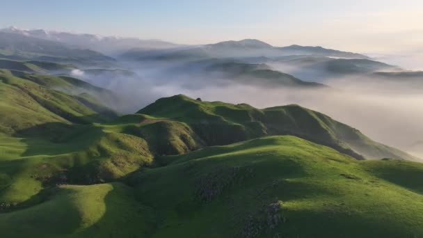 春の日の夕暮れに霧のある美しい丘の山の風景のクワッドコプターからの眺め — ストック動画