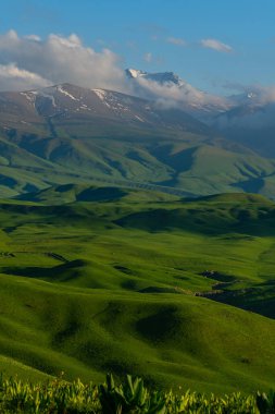 Trans-Ili Alatau 'daki (Kazakistan) karla kaplı tepe zeminine karşı pitoresk bir plato)