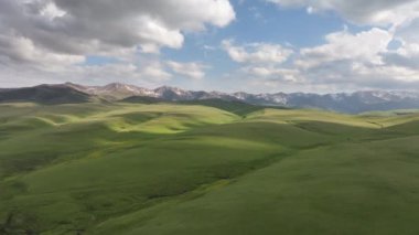 Güneydoğu Kazakistan 'da bulutlu bir yaz akşamında yüksek bir dağ platosunun dört parçalı görüntüsü.
