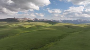 Güneydoğu Kazakistan 'da bulutlu bir yaz akşamında yüksek bir dağ platosunun dört parçalı görüntüsü.