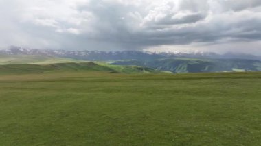 Bulutlu bir yaz gününde Kazakistan 'ın güneydoğusundaki yüksek bir dağ platosunun dört parçalı görüntüsü.