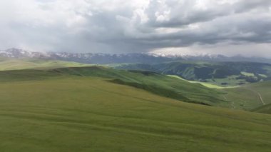 Bulutlu bir yaz gününde Kazakistan 'ın güneydoğusundaki yüksek bir dağ platosunun dört parçalı görüntüsü.