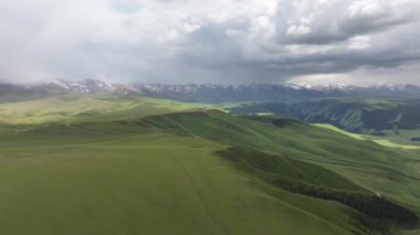 Bulutlu bir yaz gününde Kazakistan 'ın güneydoğusundaki yüksek bir dağ platosunun dört parçalı görüntüsü.