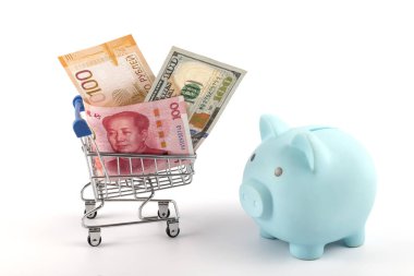 100 Çin Yuanı, 100 Amerikan Doları ve süpermarket alışveriş arabasında 100 Rus Rublesi.