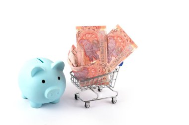 Yeni 5000 KZT banknotlar bir süpermarketten minyatür alışveriş tramvayında