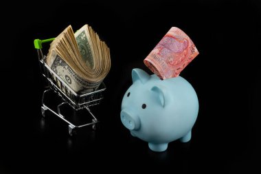 Yeni bir örnek 5000 Kazakistan 10 senti, bir kumbara ve bir yığın 1 Amerikan doları.