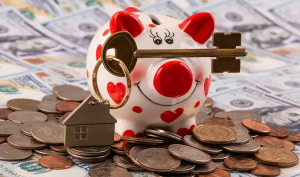 stock image An apartment key with a keychain in the shape of a house, a funny piggy bank and American coins on a background of 100 US dollar bills