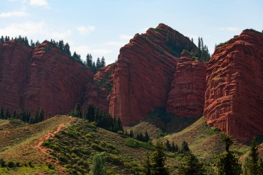 Kırgız Gölü Issyk-Kul 'un güney kıyısındaki resimli kırmızı kil dağları