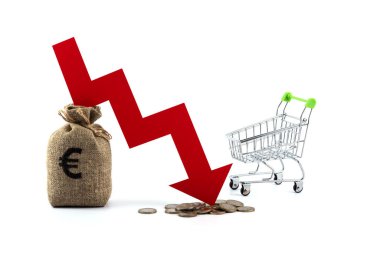 Avro bölgesindeki enflasyonla ilgili kavramsal hikaye kırmızı bir grafik oku, avro paraları ve para birimi sembollü bir para çantası ile