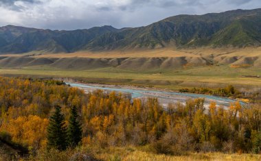 Bir sonbahar günü, Almaty bölgesindeki Chilik Nehri 'nin (Kazakistan) pitoresk vadisi