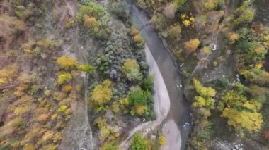 Bir sonbahar günü, küçük bir dağ nehrinin kuadkopter görüntüsü
