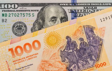 Banknotlar 1000 Arjantin pesosu ve 100 Amerikan doları.