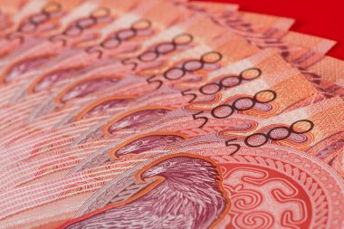 5000 Kazakistan 'ın yeni tip banknotlarından oluşan banknotlar.