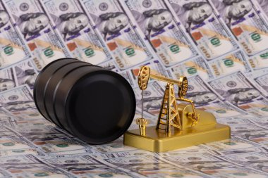 Demir bir yağ fıçısı ve altın bir yağ pompası 100 dolarlık banknotlara karşı.