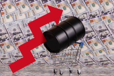 Petrol için metal varil ile yükselen petrol fiyatları ve ABD dolarlarının arka planına karşı fiyat artışı grafiğinin kırmızı okuyla ilgili kavramsal hikaye