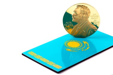 Gold medal of Nobel laureate and flag of Kazakhstan clipart