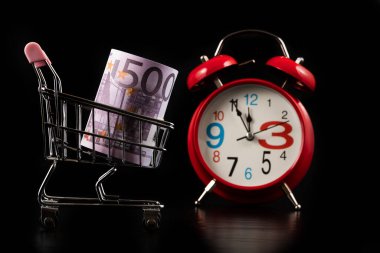 500 avroluk banknotlar ve süpermarketten alınmış minyatür alışveriş arabaları.