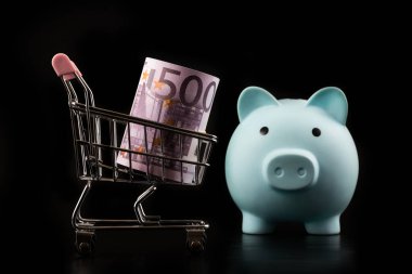 500 avroluk banknotlar ve süpermarketten alınmış minyatür alışveriş arabaları.