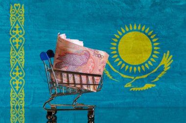 Kazakistan Cumhuriyeti bayrağının arka planına karşı minyatür bir alışveriş arabasında 5000 Kazak tenjonu..