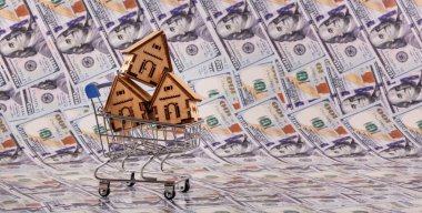 Minyatür bir süpermarket alışveriş arabasındaki üç sembolik ahşap ev 100 dolarlık banknotlarla çevrili.