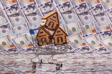 Minyatür bir süpermarket alışveriş arabasındaki üç sembolik ahşap ev 100 dolarlık banknotlarla çevrili.